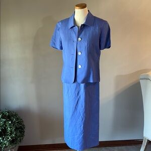 Jessica Howard petite Blue linen 2 piece dress and short sleeve jacket career 6P